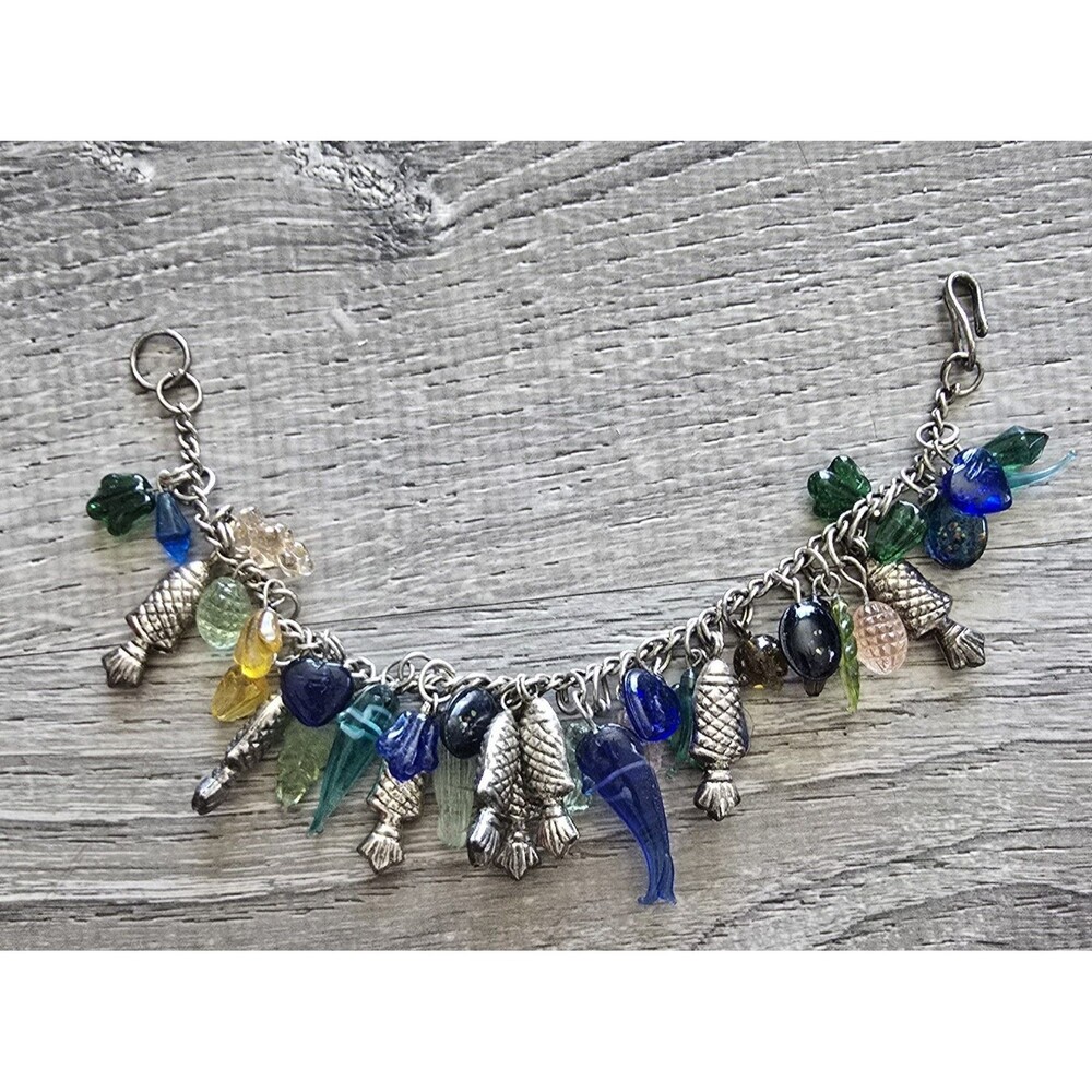 VTG Retro Fish Colorful glass charm cha-cha Bracelet silver tone chain